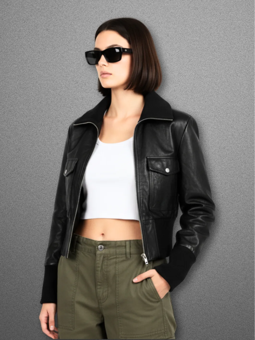 ADARA Leather Cropped Bomber Jacket 