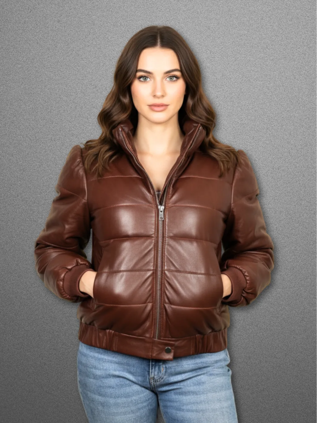 CILLA Leather Quilted Puffer Jacket Caramel