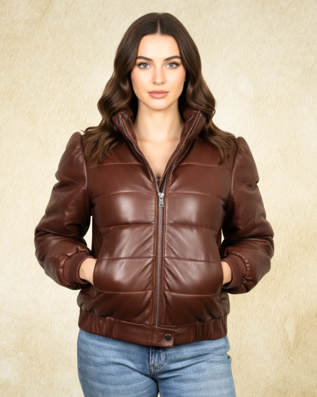 CILLA Leather Quilted Puffer Jacket Caramel