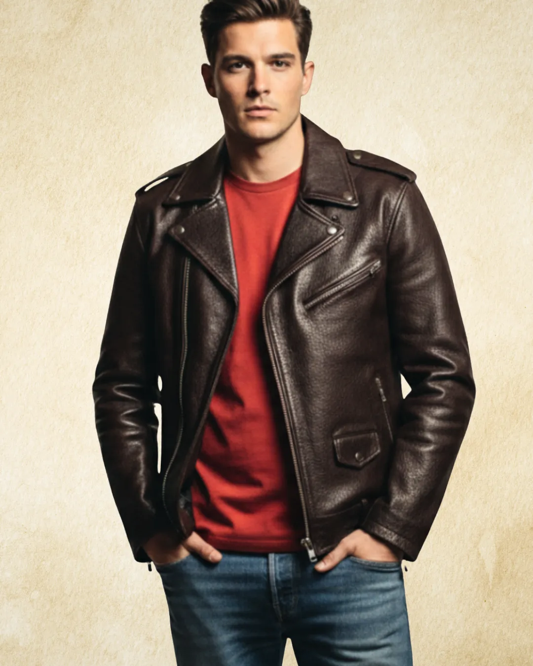 DEON Leather Men's Motorcycle Jacket Russet