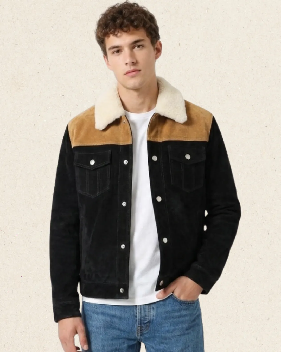 ALEXIOS Italian Suede Trucker Jacket with Fur Collar Cognac on Black