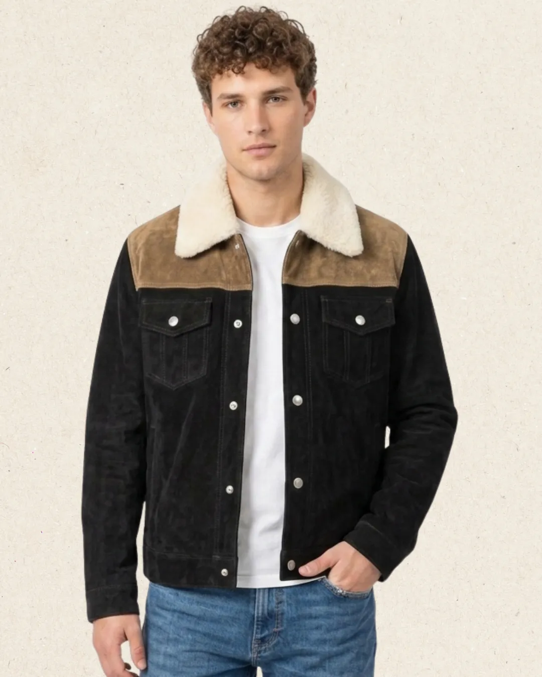 ALEXIOS Italian Suede Trucker Jacket with Fur Collar Olive on Black
