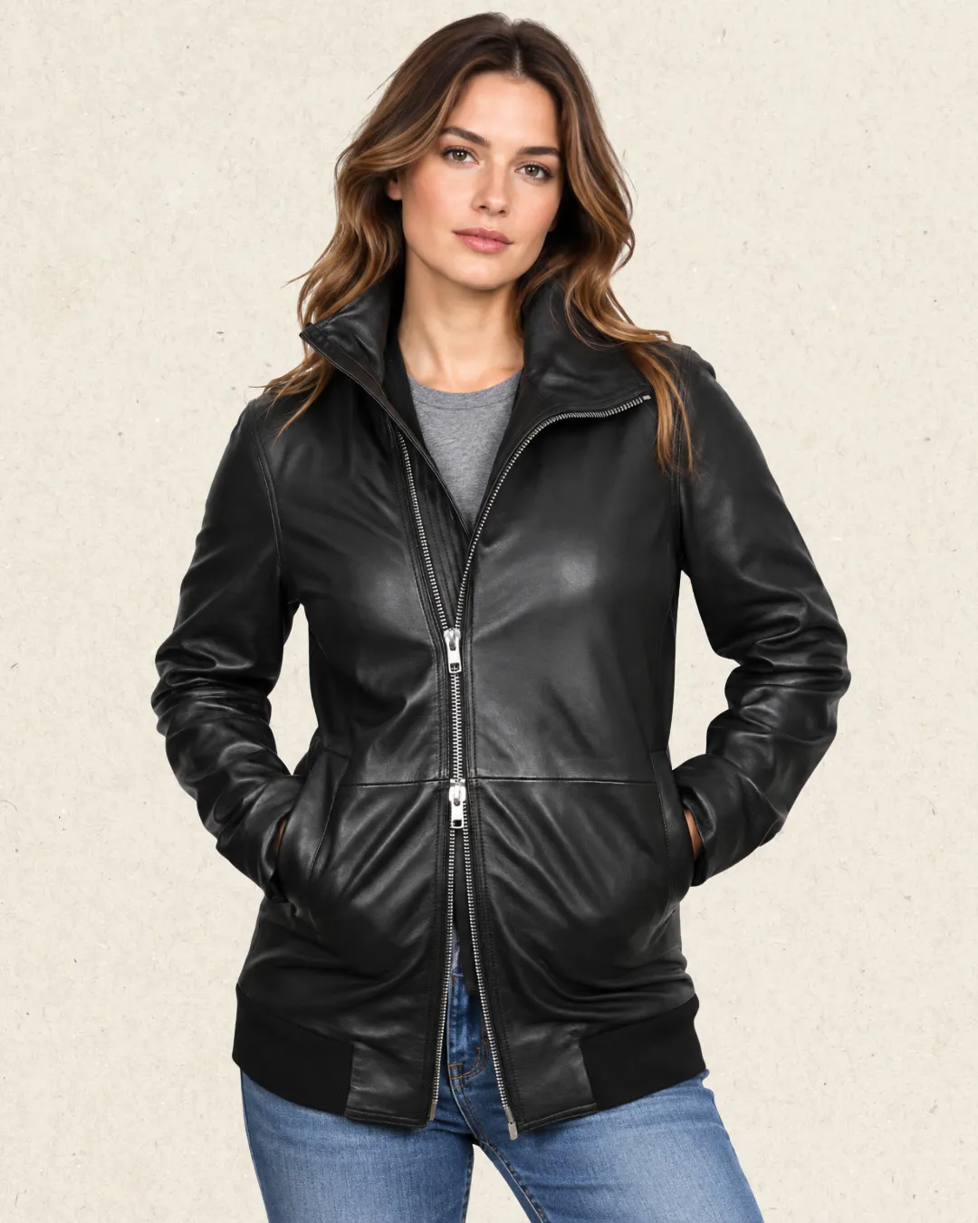 ANTEA Leather Bomber Long Jacket Black