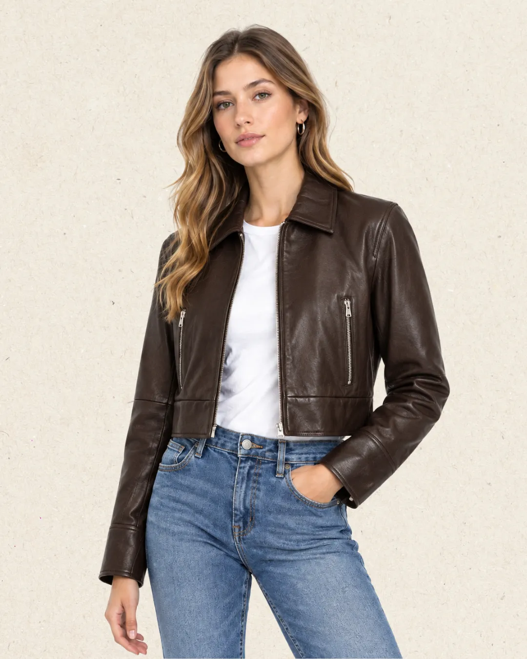 HAIDEE Leather Cropped Bomber Jacket Choco