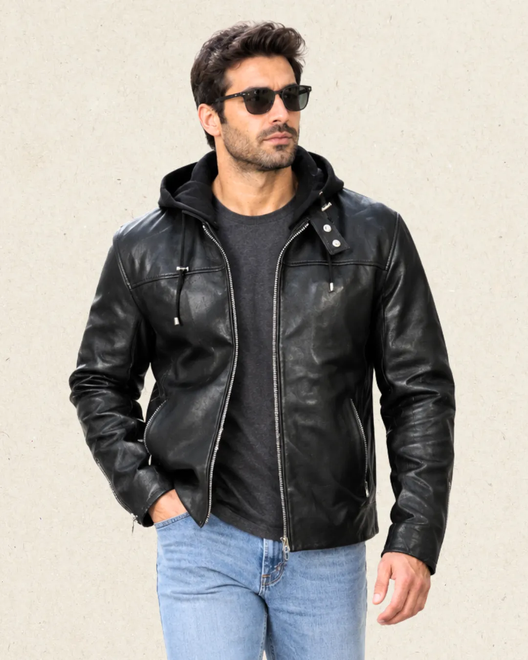 HERMES Leather Zip Front Jacket with Hood